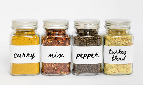 spices on the kitchen labeled