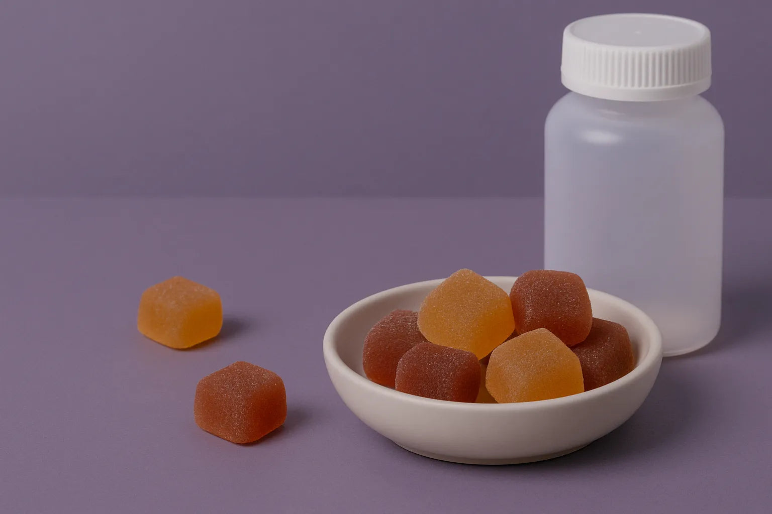 Gomas de melatonina com CBD e CBN numa taça com o frasco ao lado, sobre um fundo roxo