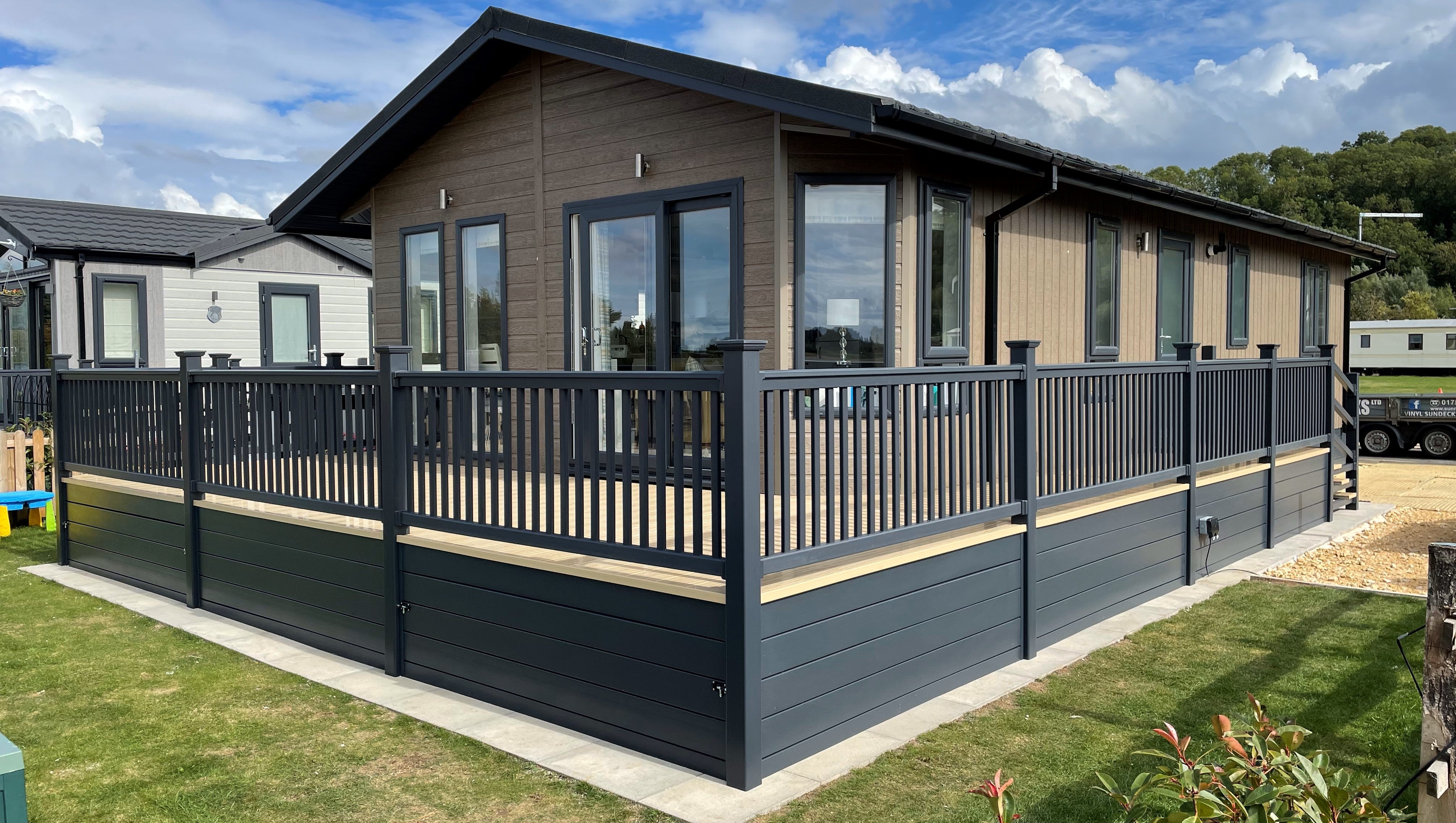 Grey and tan caravan decking and balustrade