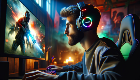 a person ware a RGB Gaming Headsets playing computer game