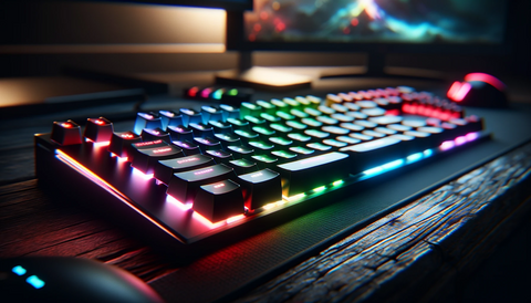 an LED gaming keyboard and mice in a landscape-oriented setting