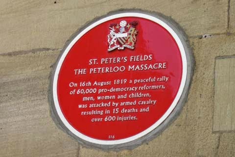 Red plaque marking the site of the Peterloo massacre