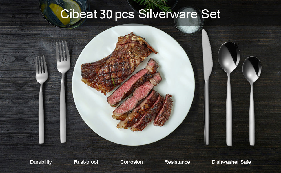 CIBEAT 30 Piece Stainless Steel Kitchen Flatware Set