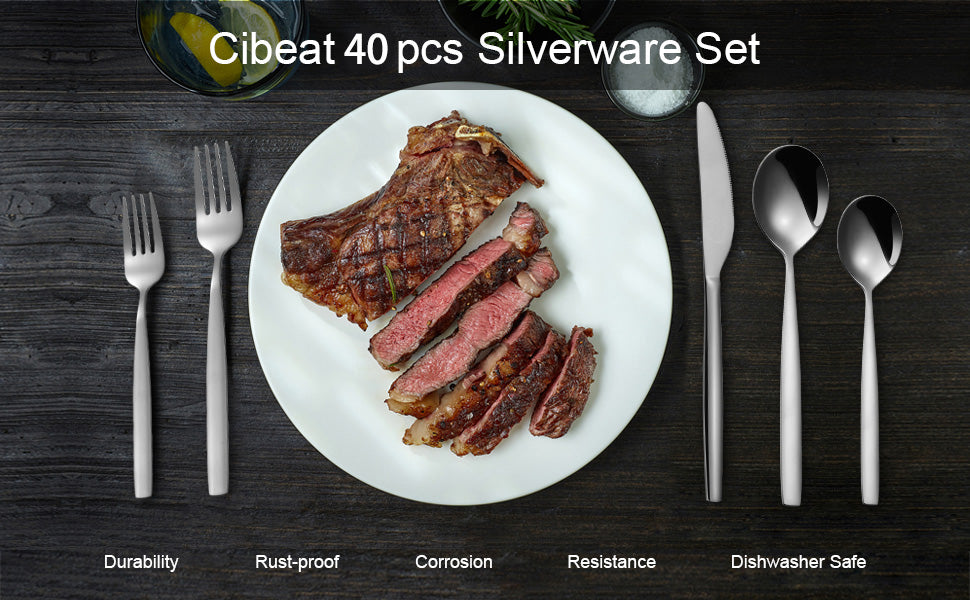 CIBEAT 40 Piece Stainless Steel Kitchen Flatware Set