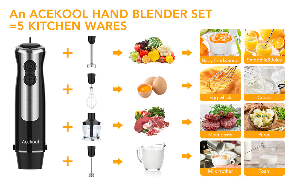 Acekool Blender BH1 5-in-1 Stainless Steel Electric Hand Blender