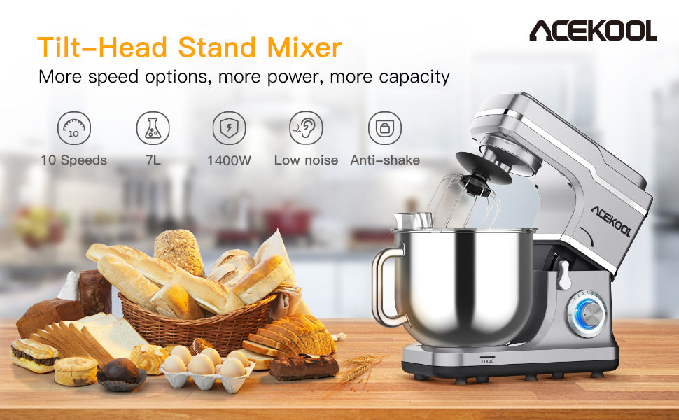 ACEKOOL Mixer MC1 1400W 7.5QT 10 Speeds Tilt-Head Stand Mixer Silver EU Plug