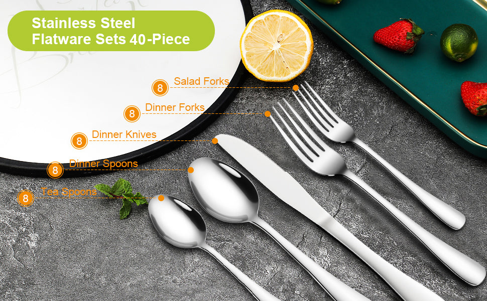 CIBEAT 40 Piece S592 Stainless Steel Kitchen Flatware Set