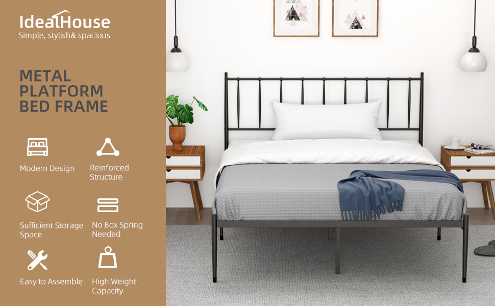 IDEALHOUSE Queen Size Metal Platform Bed Frame with Headboard