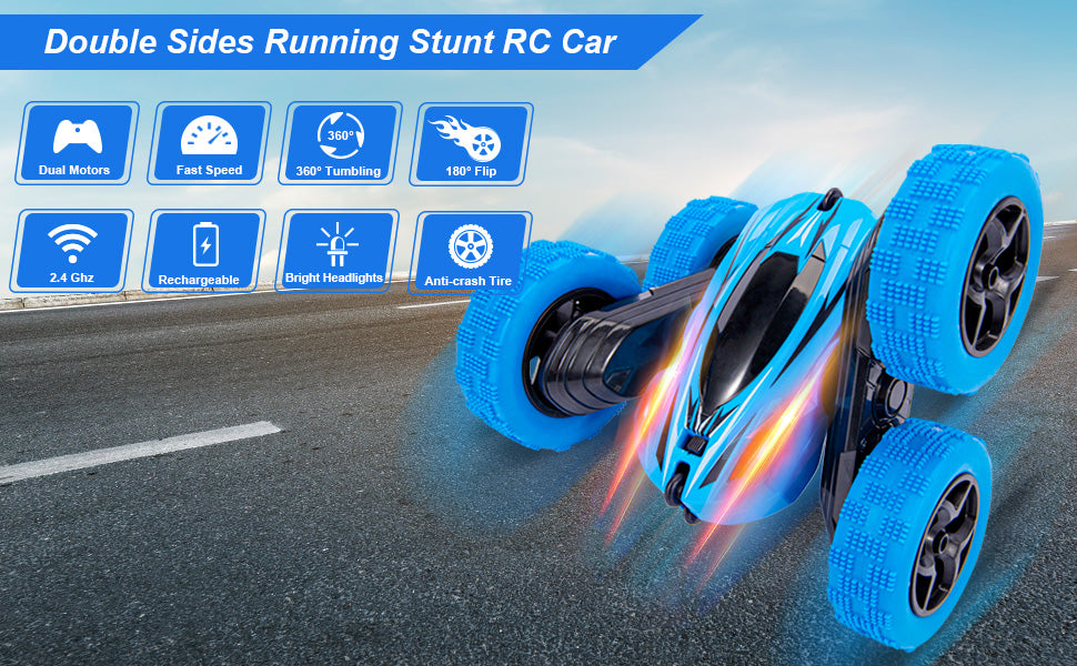 THINKMAX Remote Control Car 1165A RC Stunt Car Toy Double Sided 360 Rotating Vehicle Blue