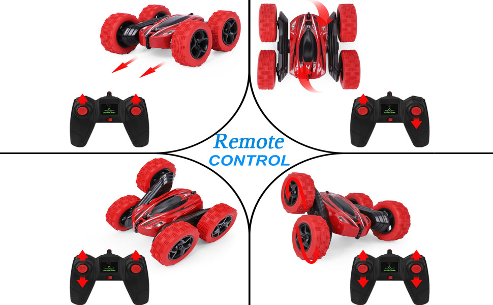 THINKMAX Remote Control Car RC Stunt Car Toy Double Sided 360 Rotating Vehicle Red