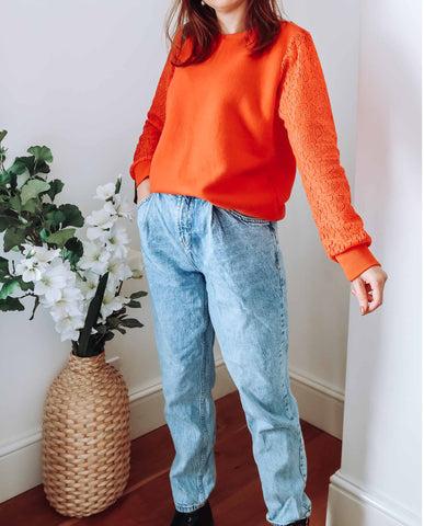 Burnt Orange Lace Sleeve Sweatshirt
