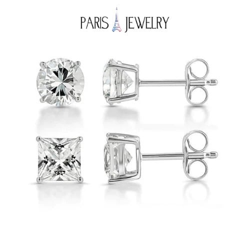 Paris Jewelry 18k White Gold 2 Pair Created White Sapphire 6mm Round and Princess Cut Stud Earrings Plated - Opensky product image