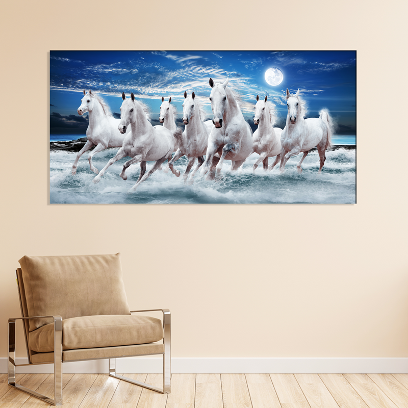 Seven White Running Horses Canvas Wall Painting