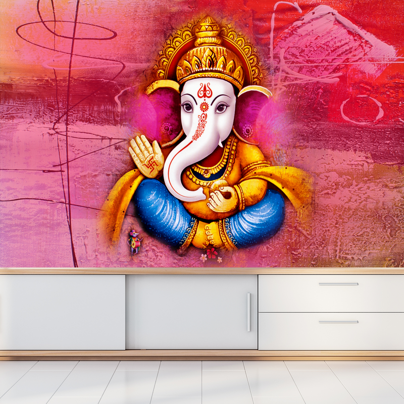 Lord Ganesha With Red Background Digitally Printed Wallpaper – DecorGlance