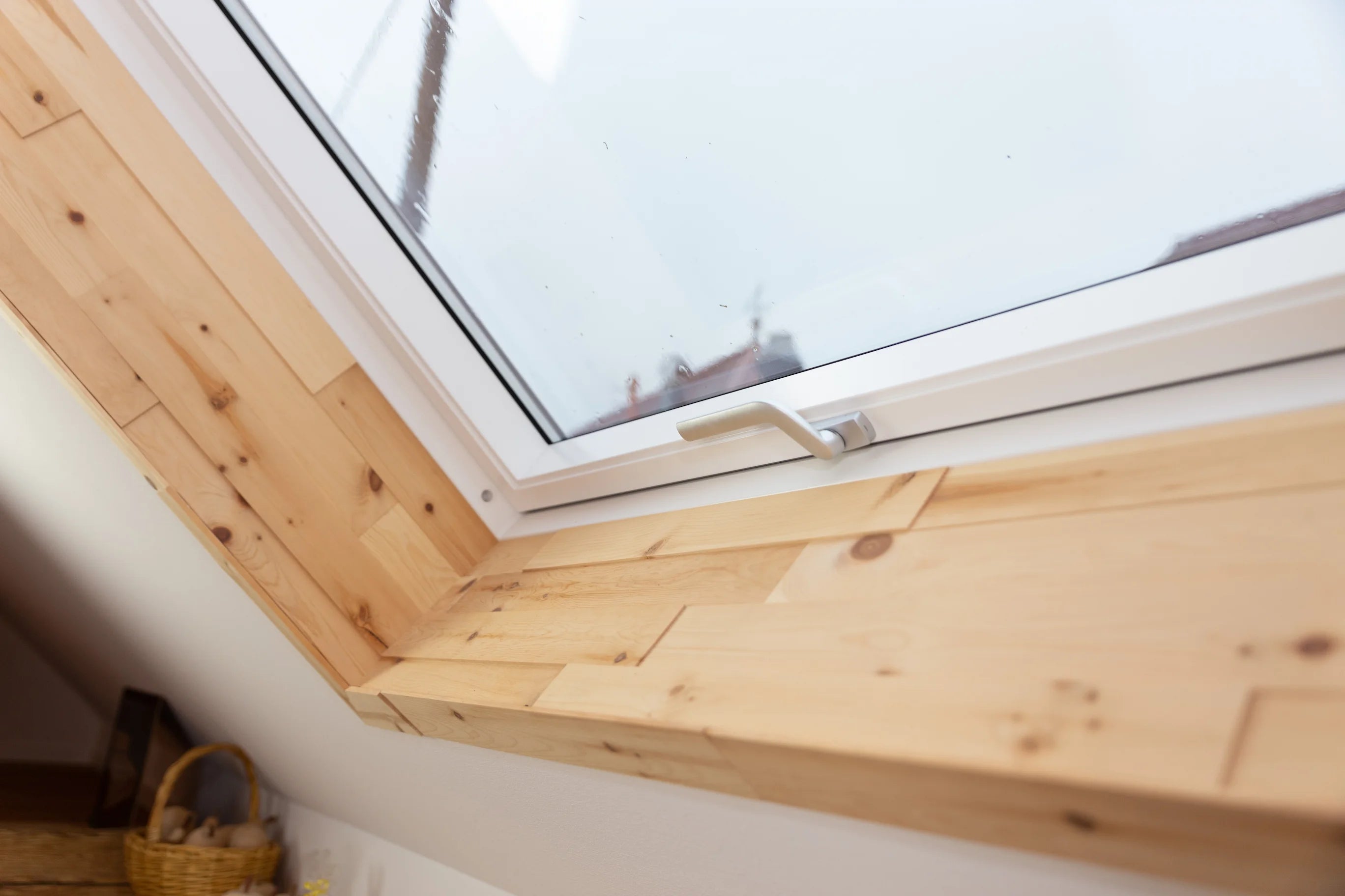 Aufnahme eines Dachfensters, welches mit Holzpaneelen “Tiroler Zirbe” ausgekleidet wurde