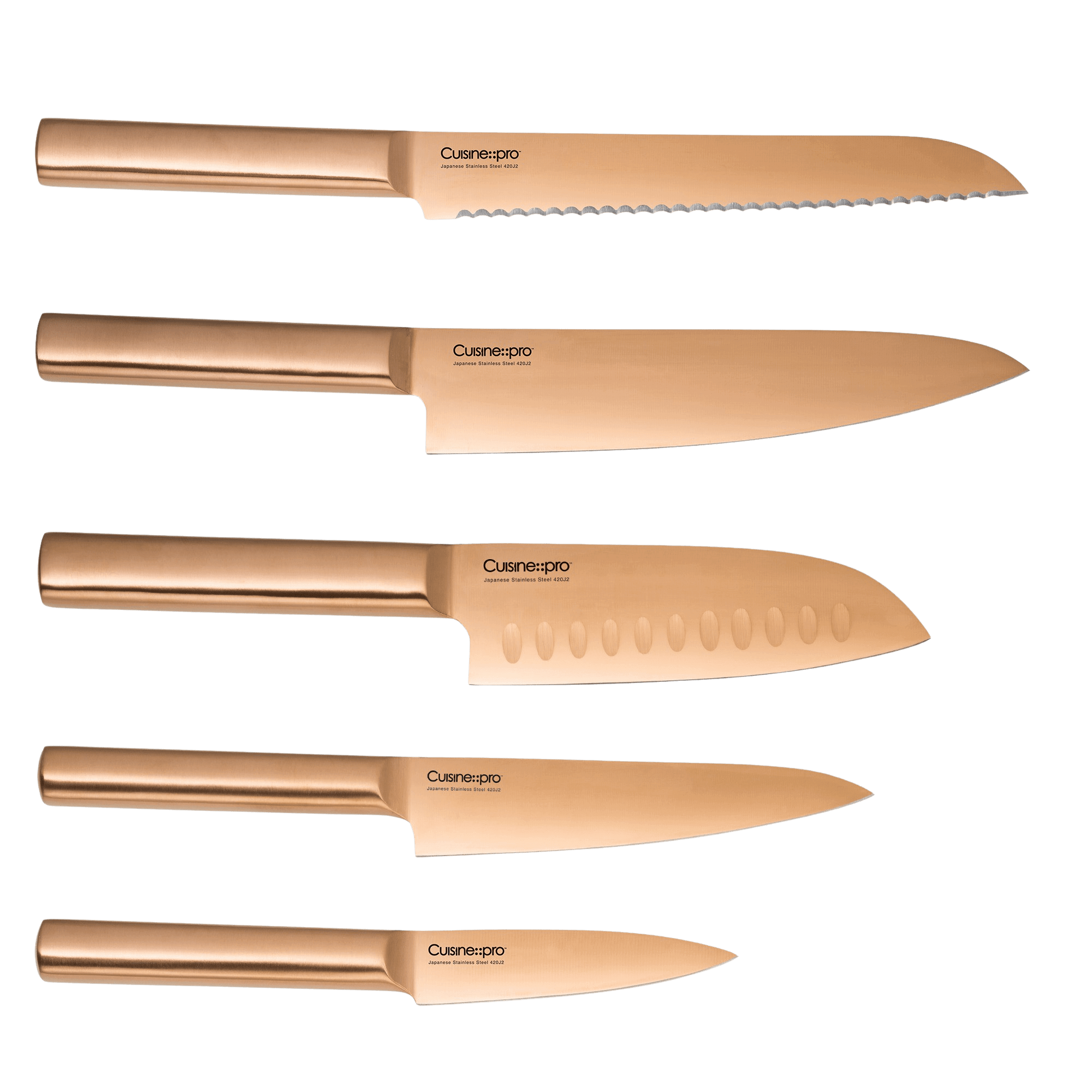 Styled Settings Copper Stainless Steel Knife Set with Walnut Knife Block, Gold