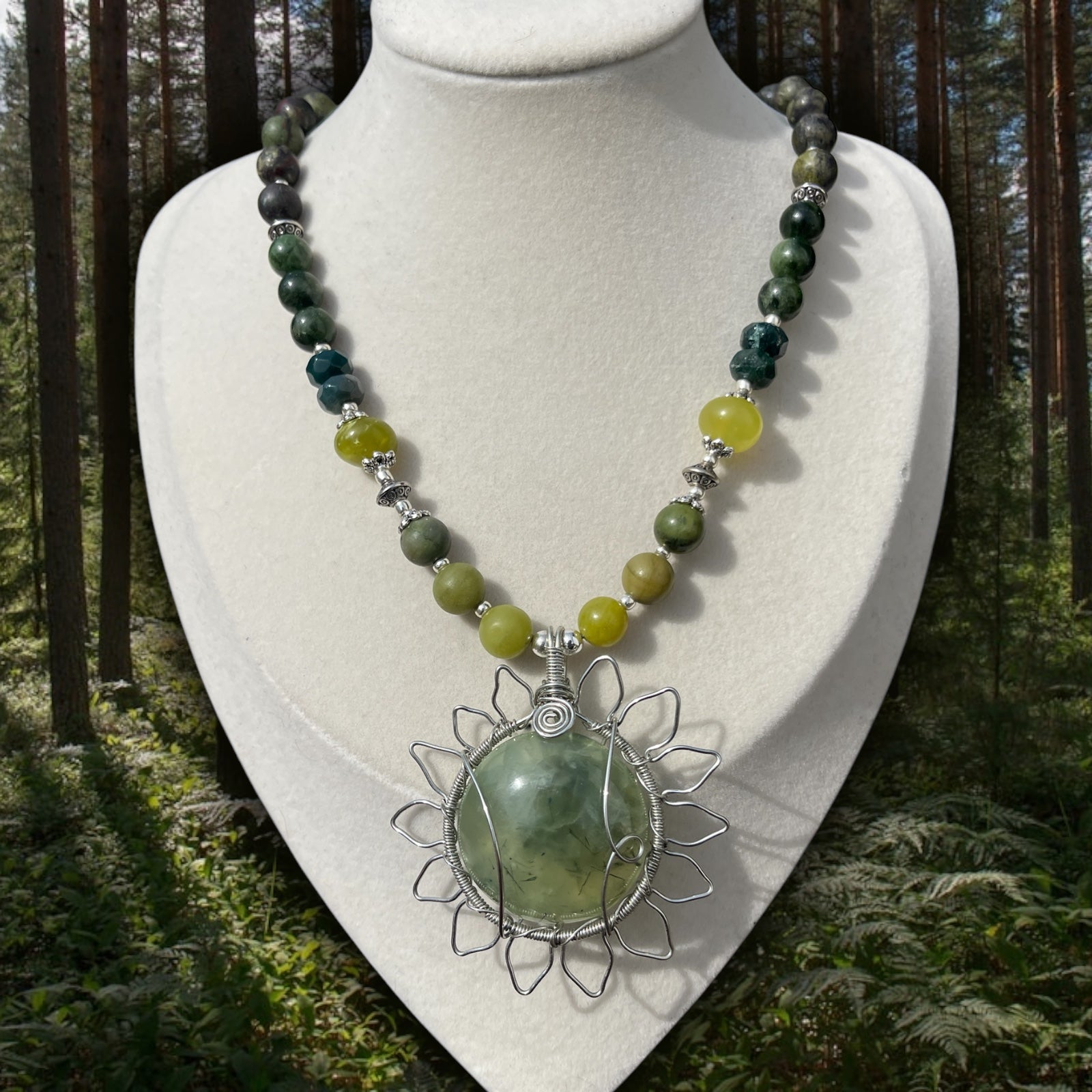 Orchid • Prehnite, Serpentine, Peridot, Moss Agate + Dioptase Flower Necklace
