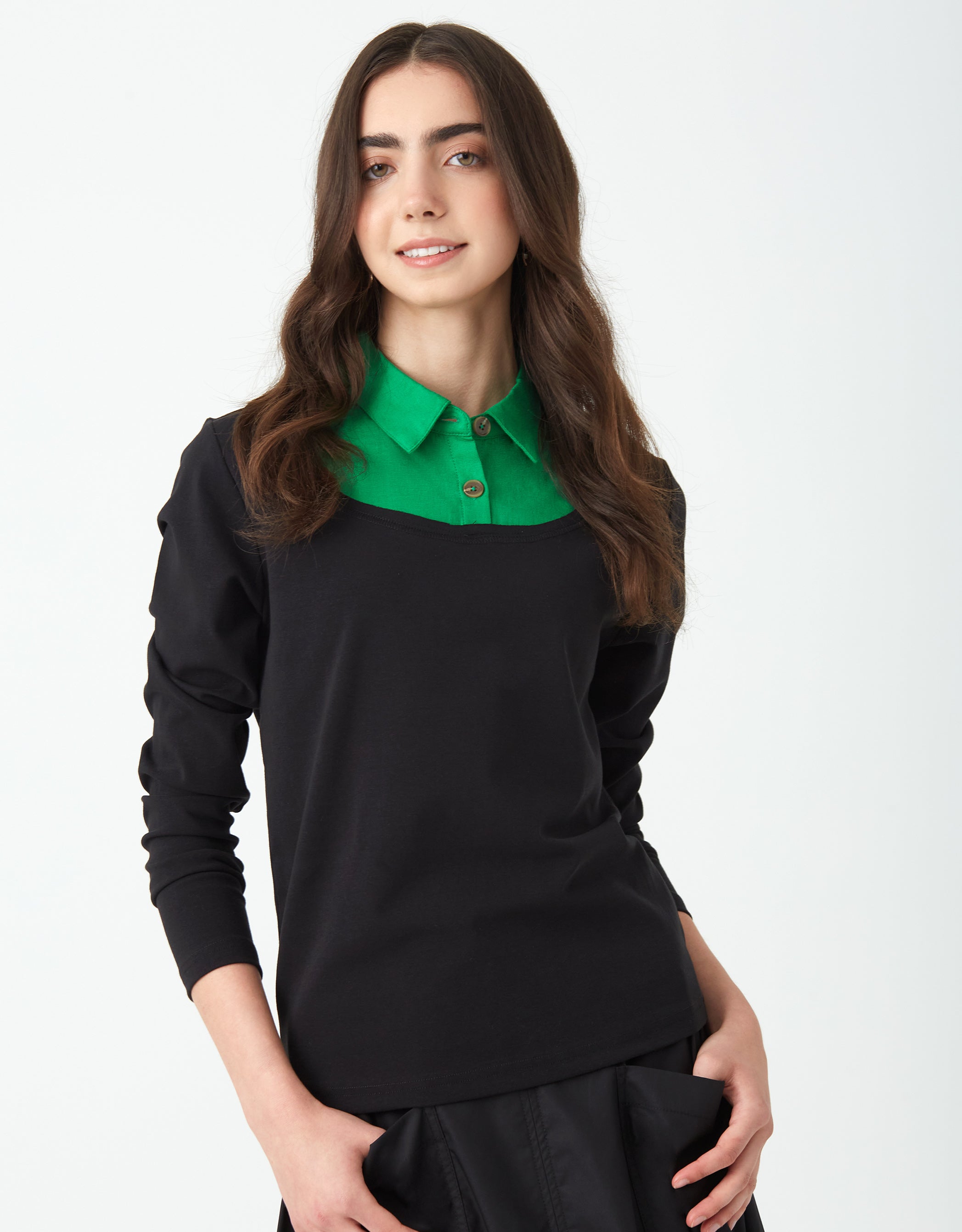 Faux Layered Top with Collar Blouse Black Black Green