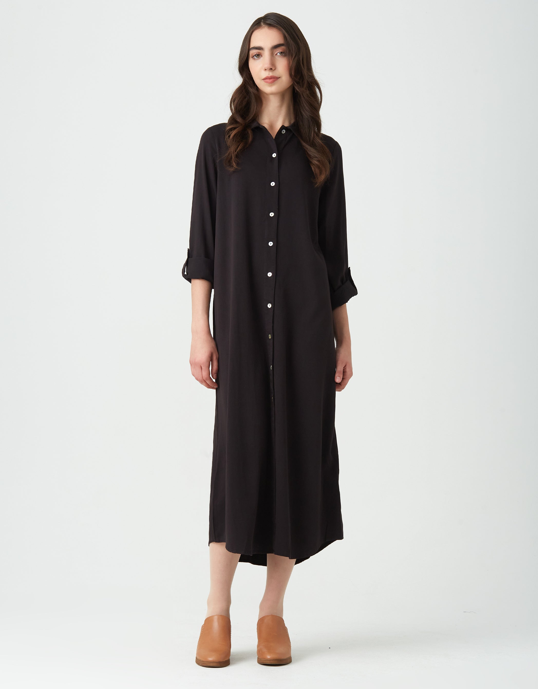 Rayon Button Down Dress with Tabbed Sleeves Black