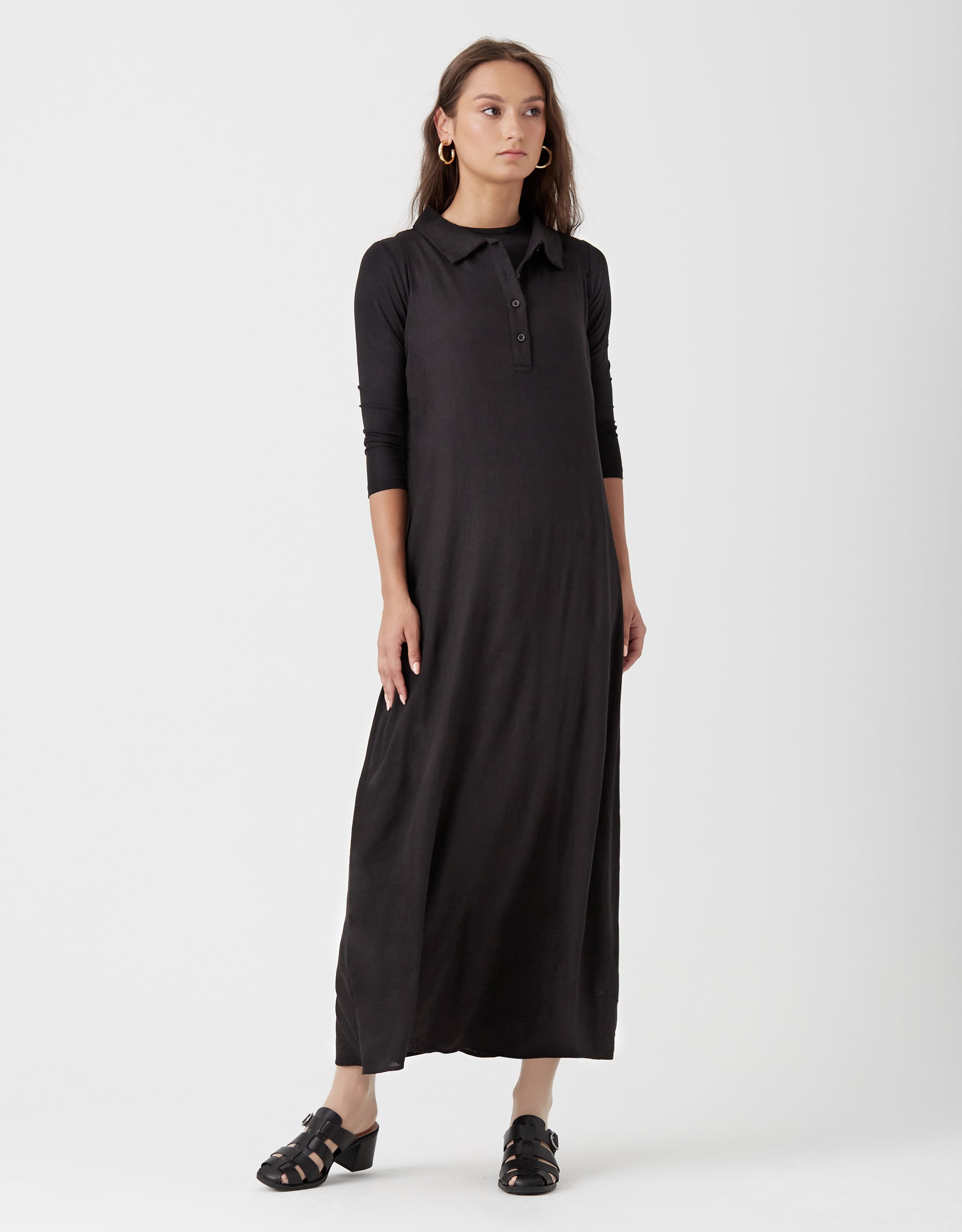 Linen Sleeveless Maxi Dress with Button Placket Black