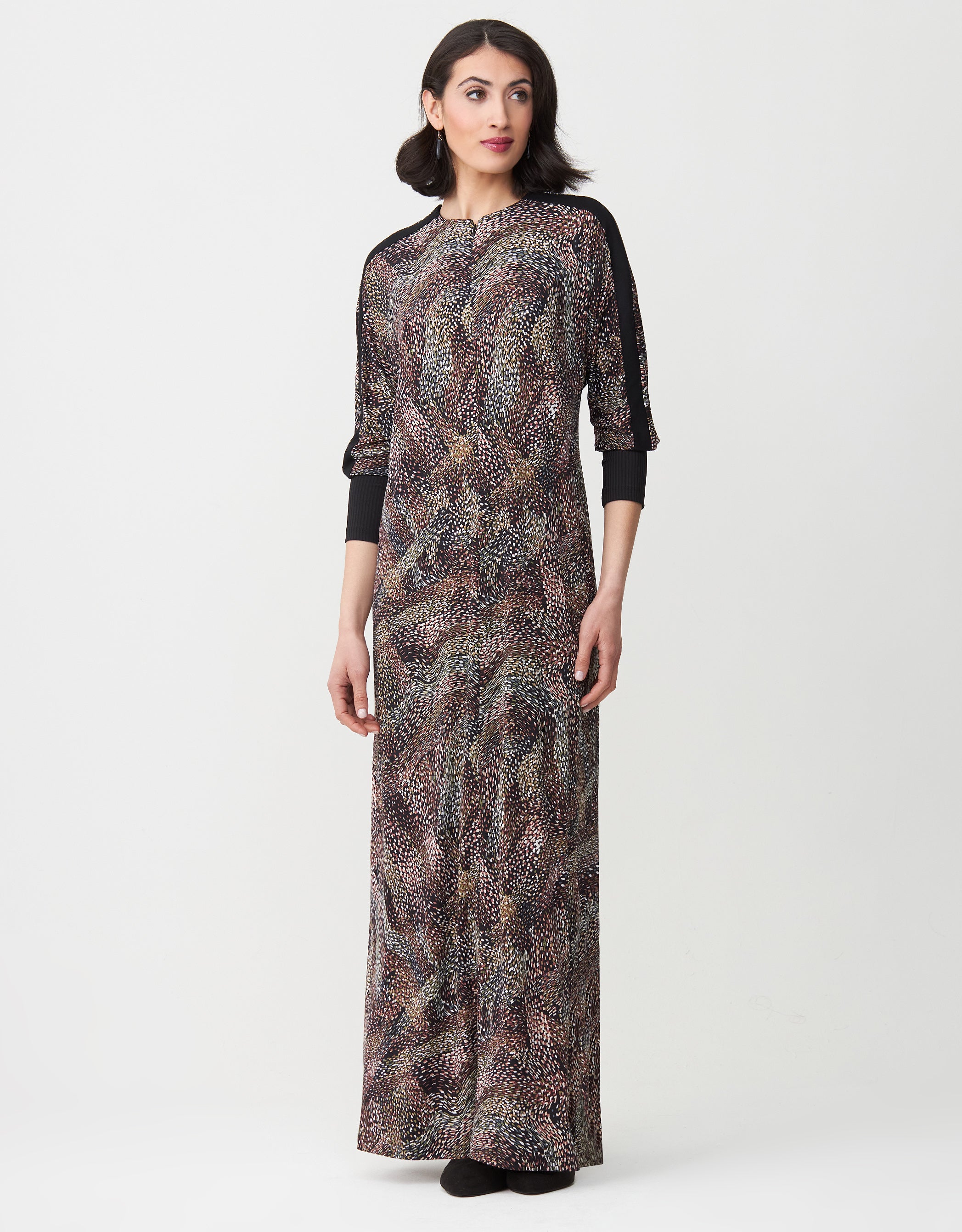 Zip Front Maxi Dress Shabbos Robe with Contrast Sleeve Trim Brown Multi