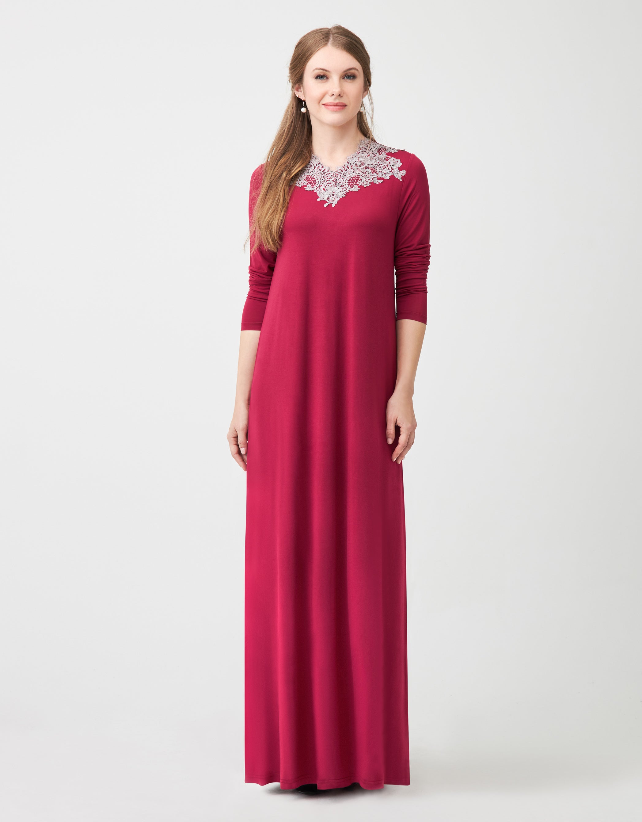 Pull On Nightgown with Gray Lace Trim Berry