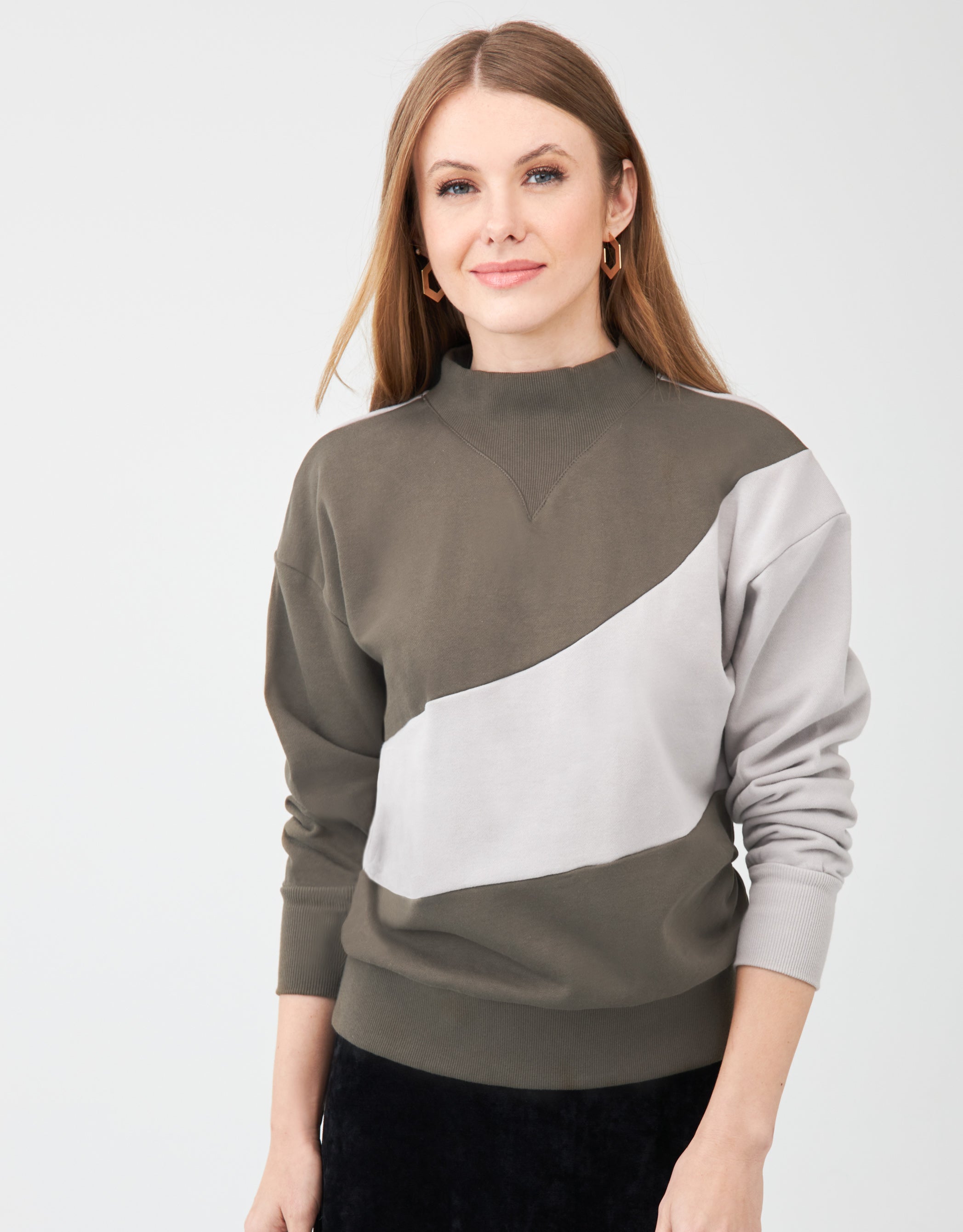 French Terry Color Block Funnel Neck Sweatshirt Khaki Gray