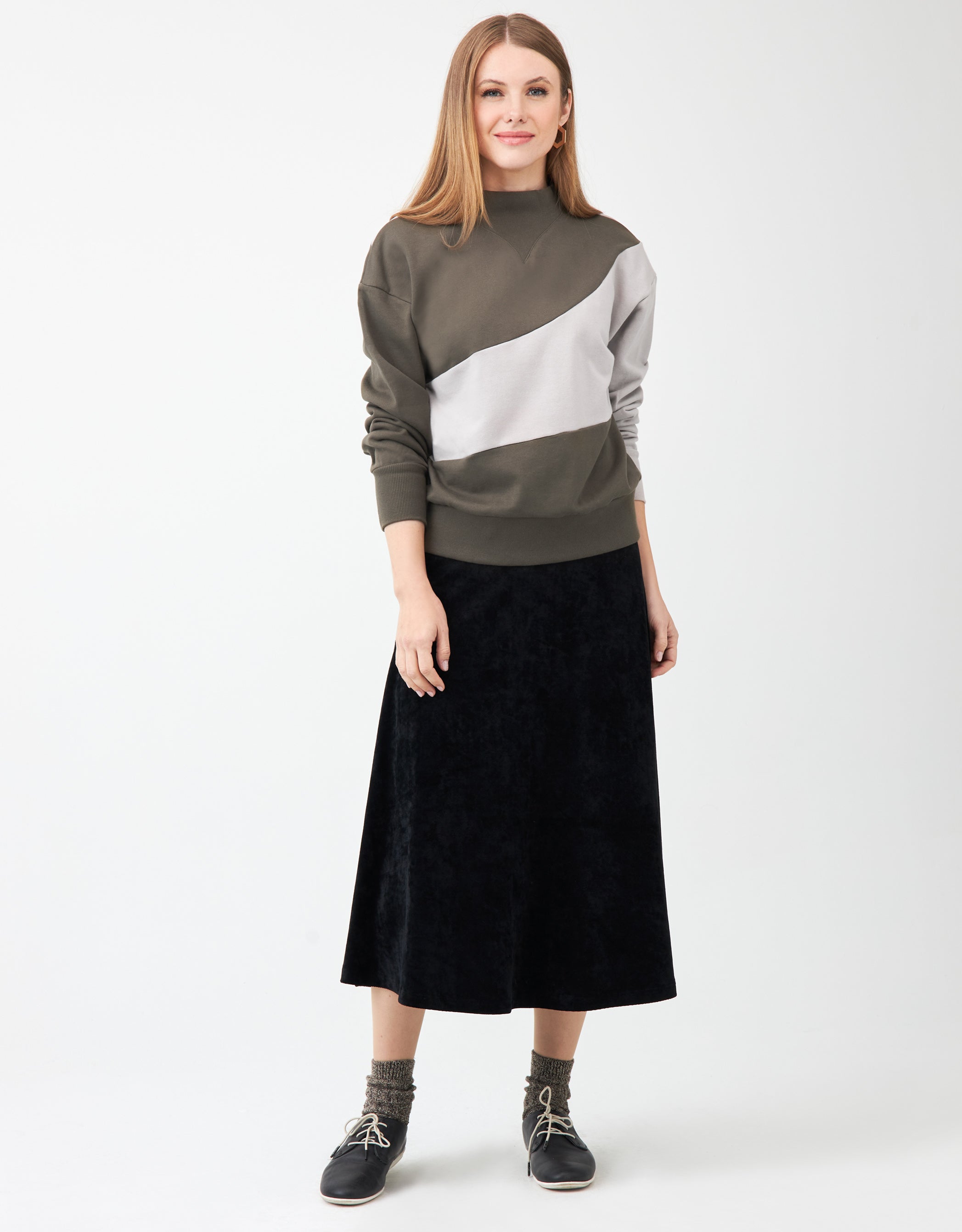 French Terry Color Block Funnel Neck Sweatshirt Khaki Gray