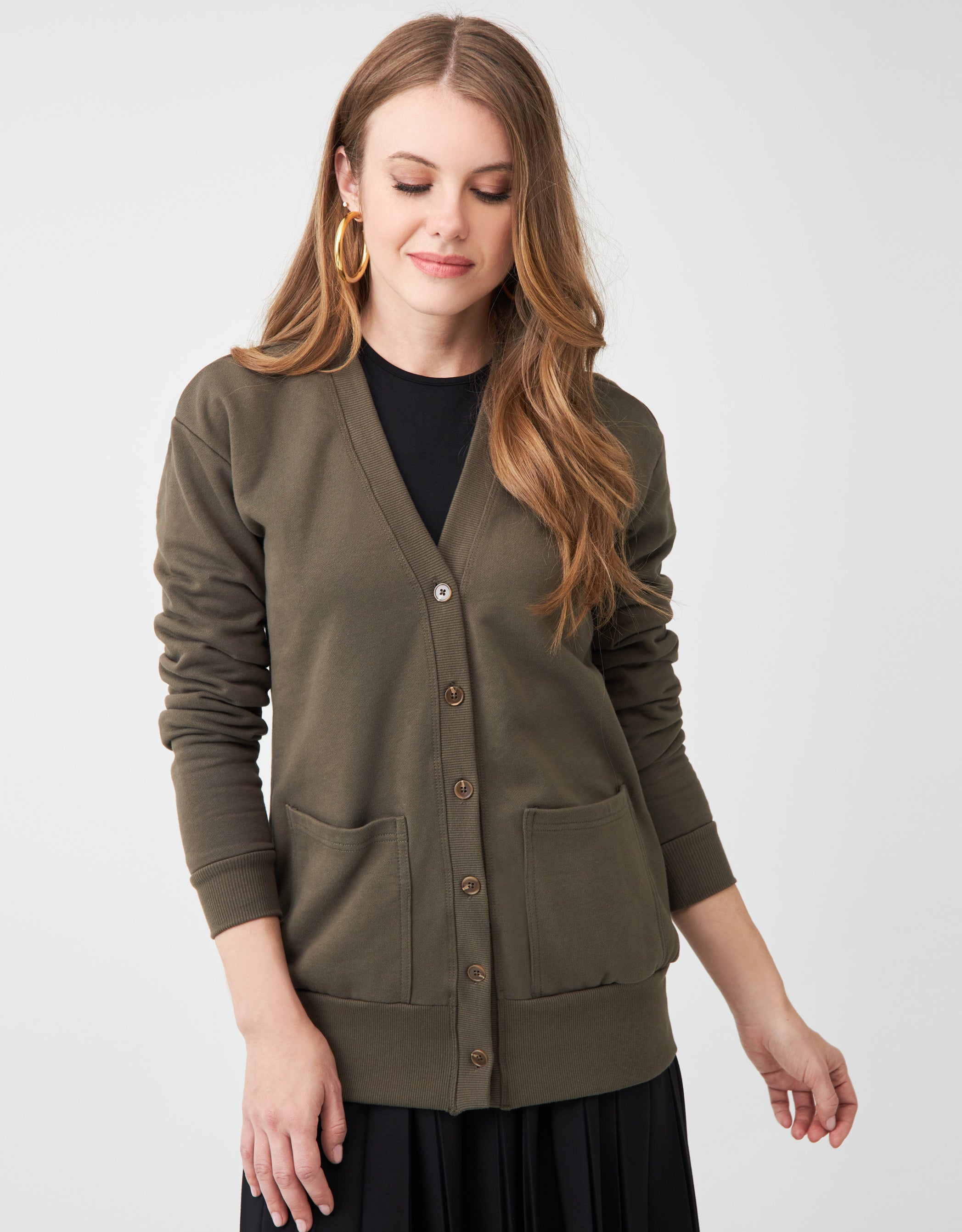 French Terry Long Button Cardigan with Pockets