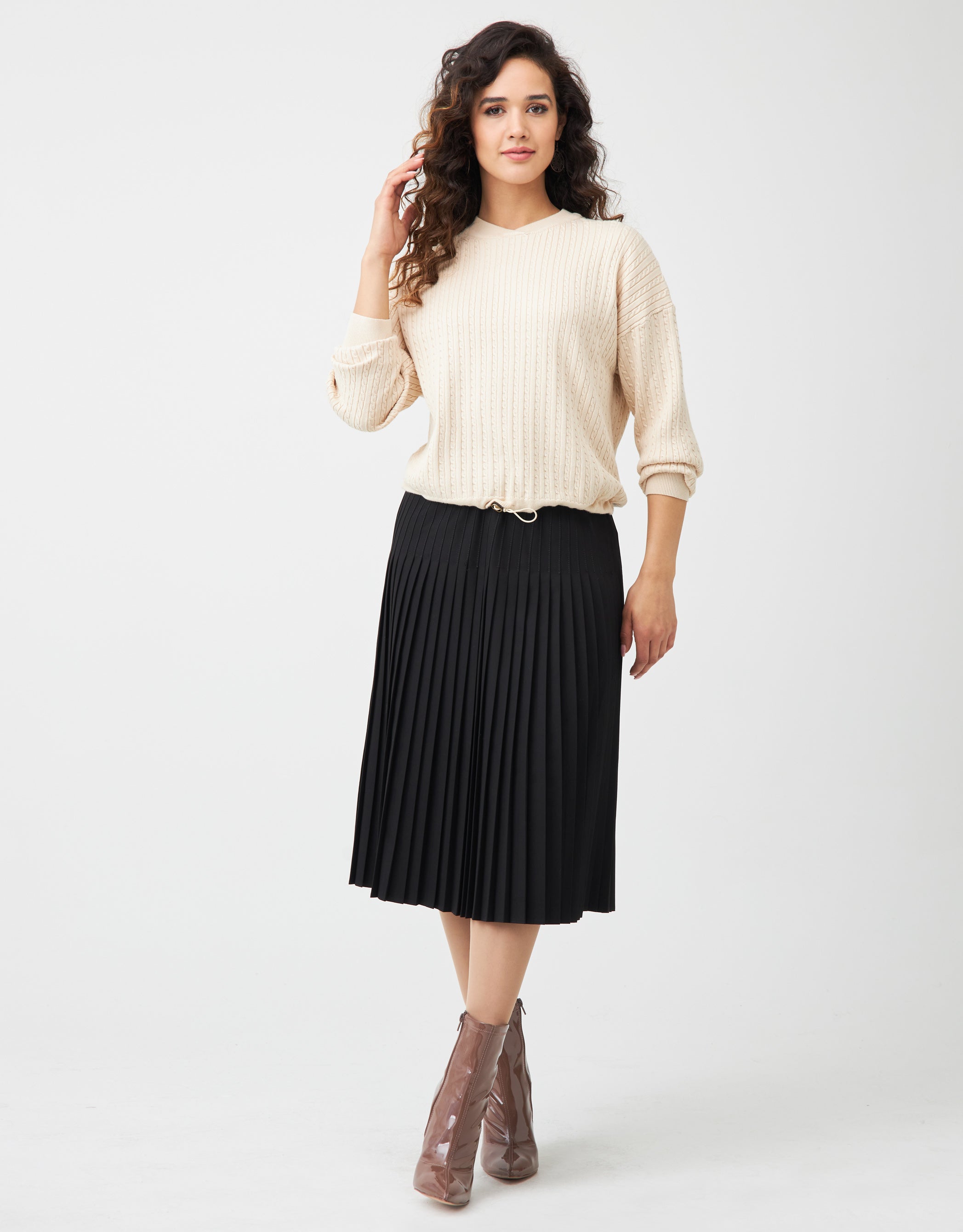 Cable Knit Sweater with Bungee Drawstring Alabaster