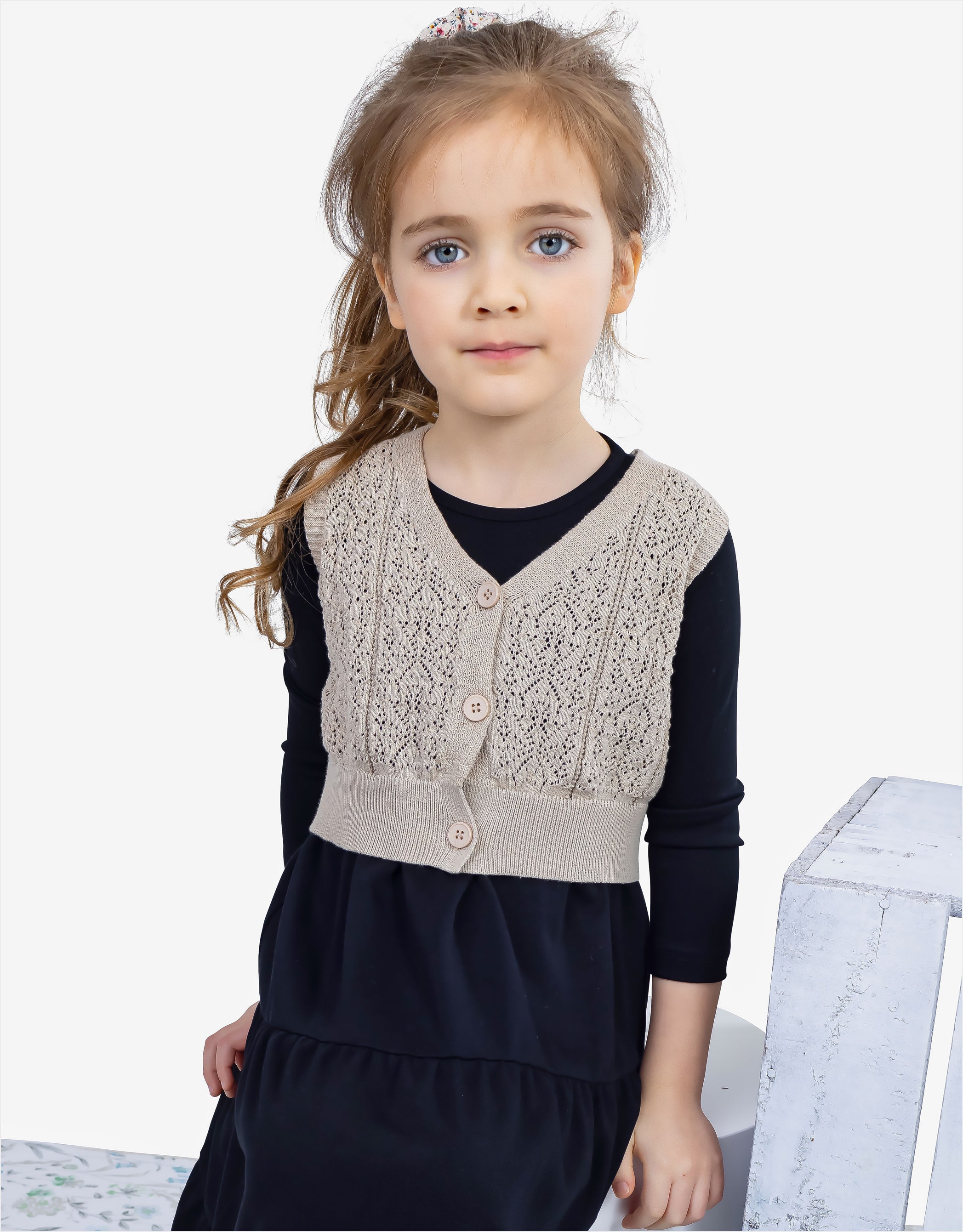 Lacey Knit Button Vest for Kids Taupe