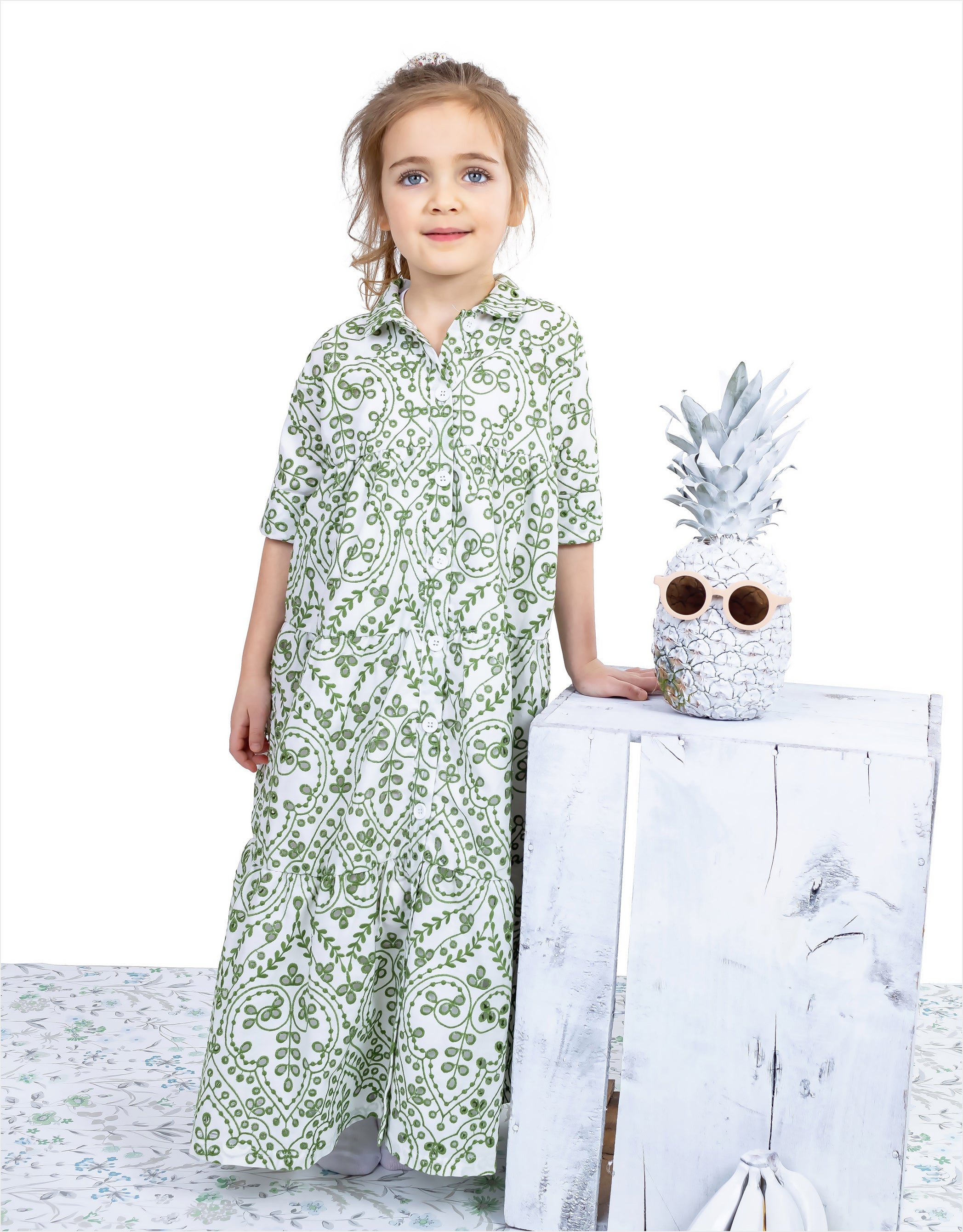 Girls Embroidered Eyelet Maxi Shirt Dress Shabbos Robe Green