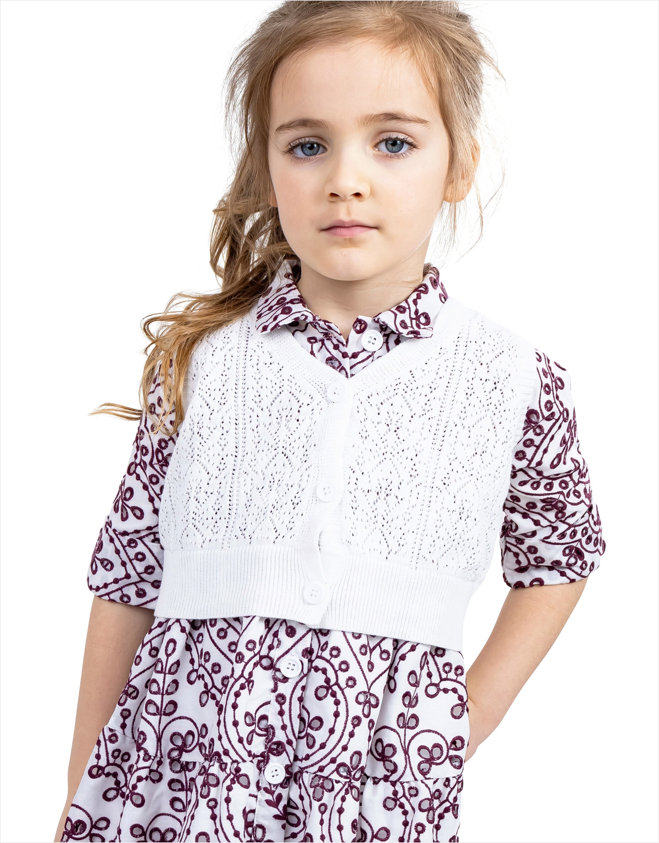 Lacey Knit Button Vest for Kids White