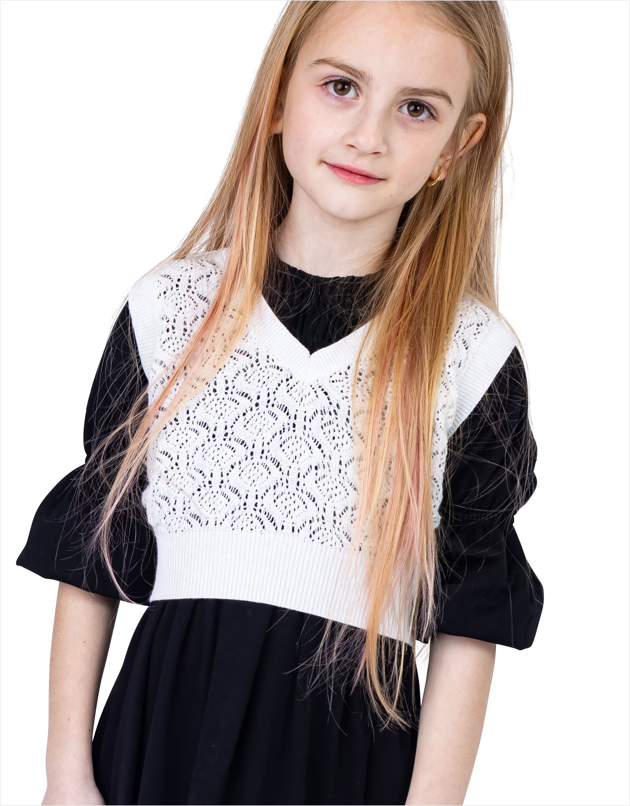 Lacy Shell Pattern Knit Vneck Vest for Kids White