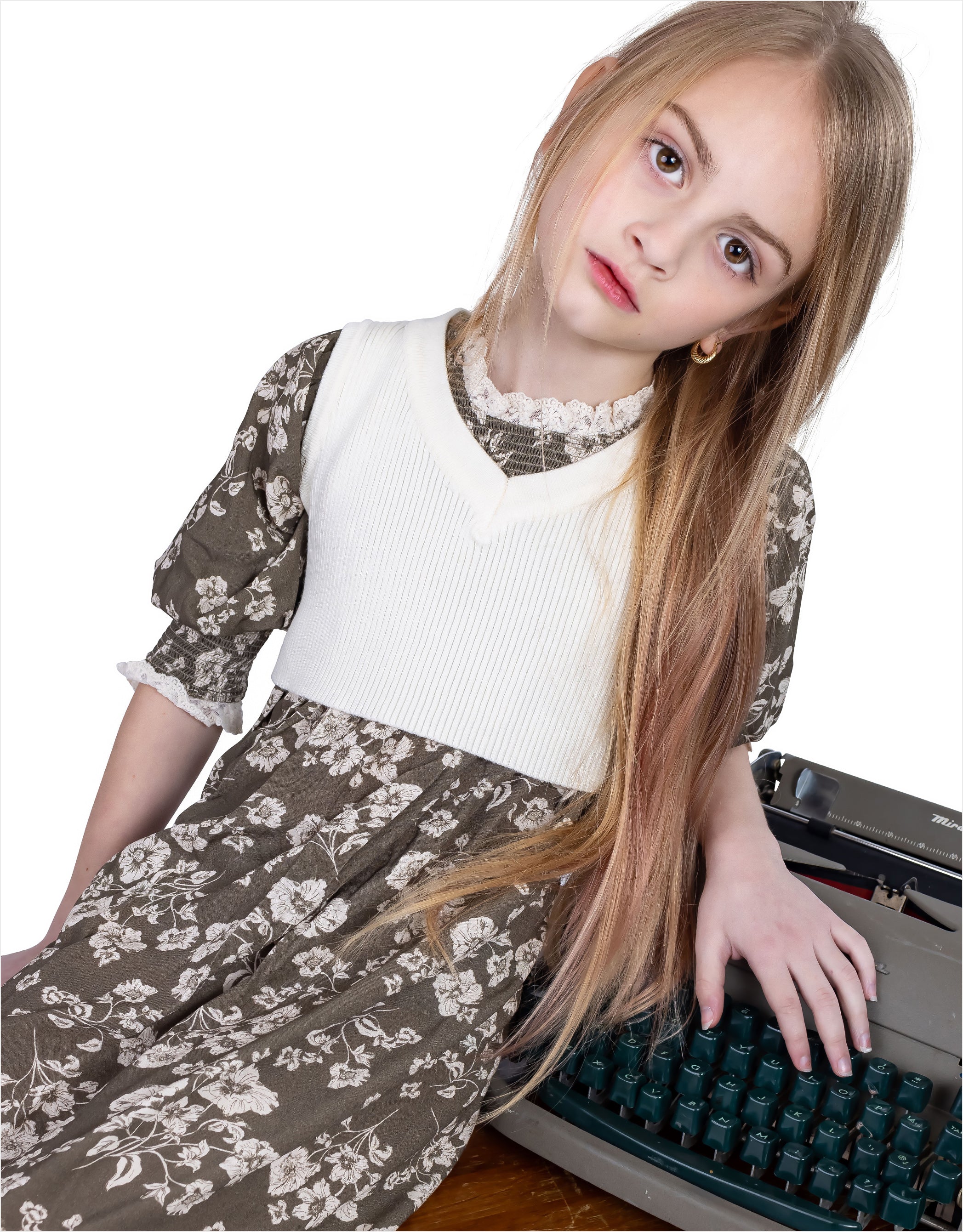 Rib Knit Vneck Vest with Back Floral Embroidery for Kids Ivory