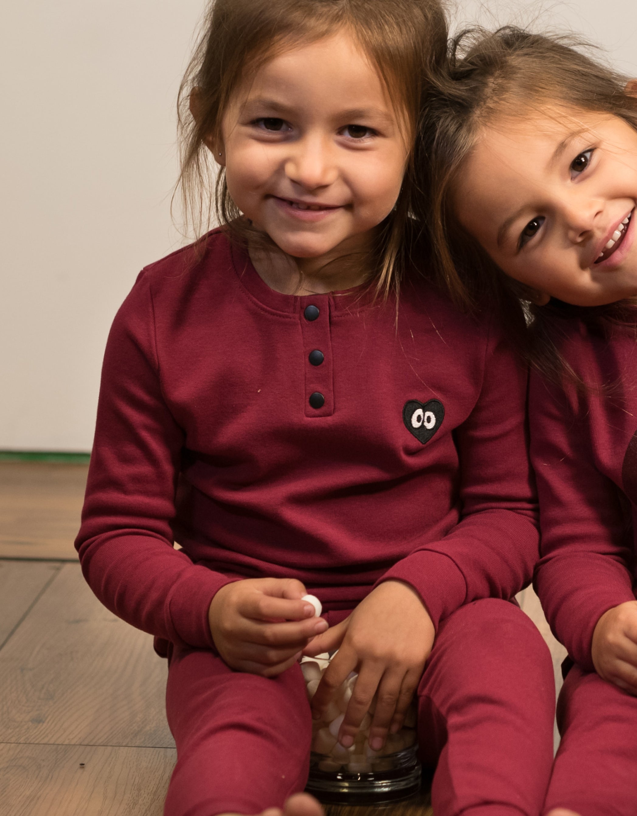 Kids Pima Cotton Googly Button Top Legging Playwear Set Burgundy