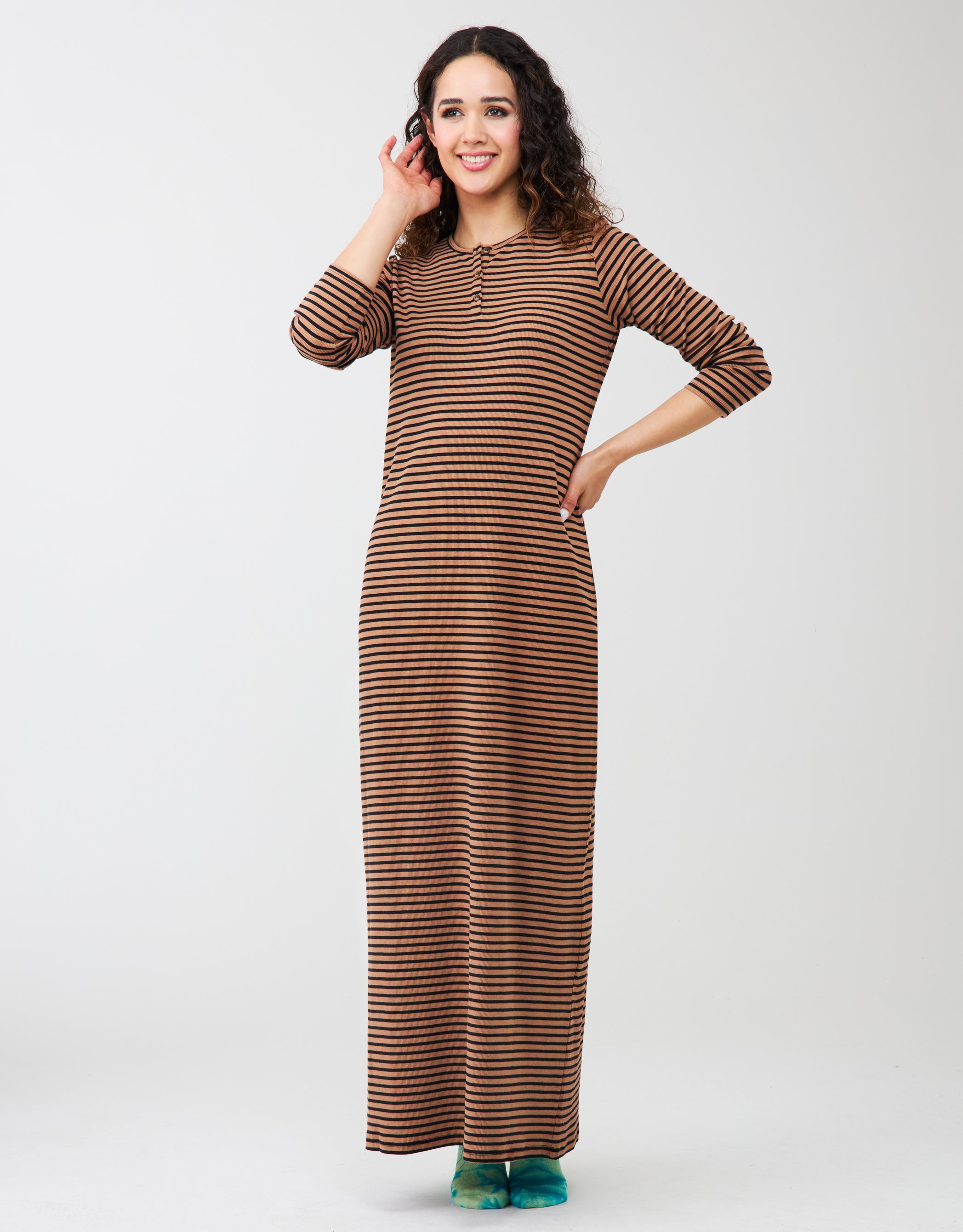 Ribbed Button Nightgown Tan Stripe