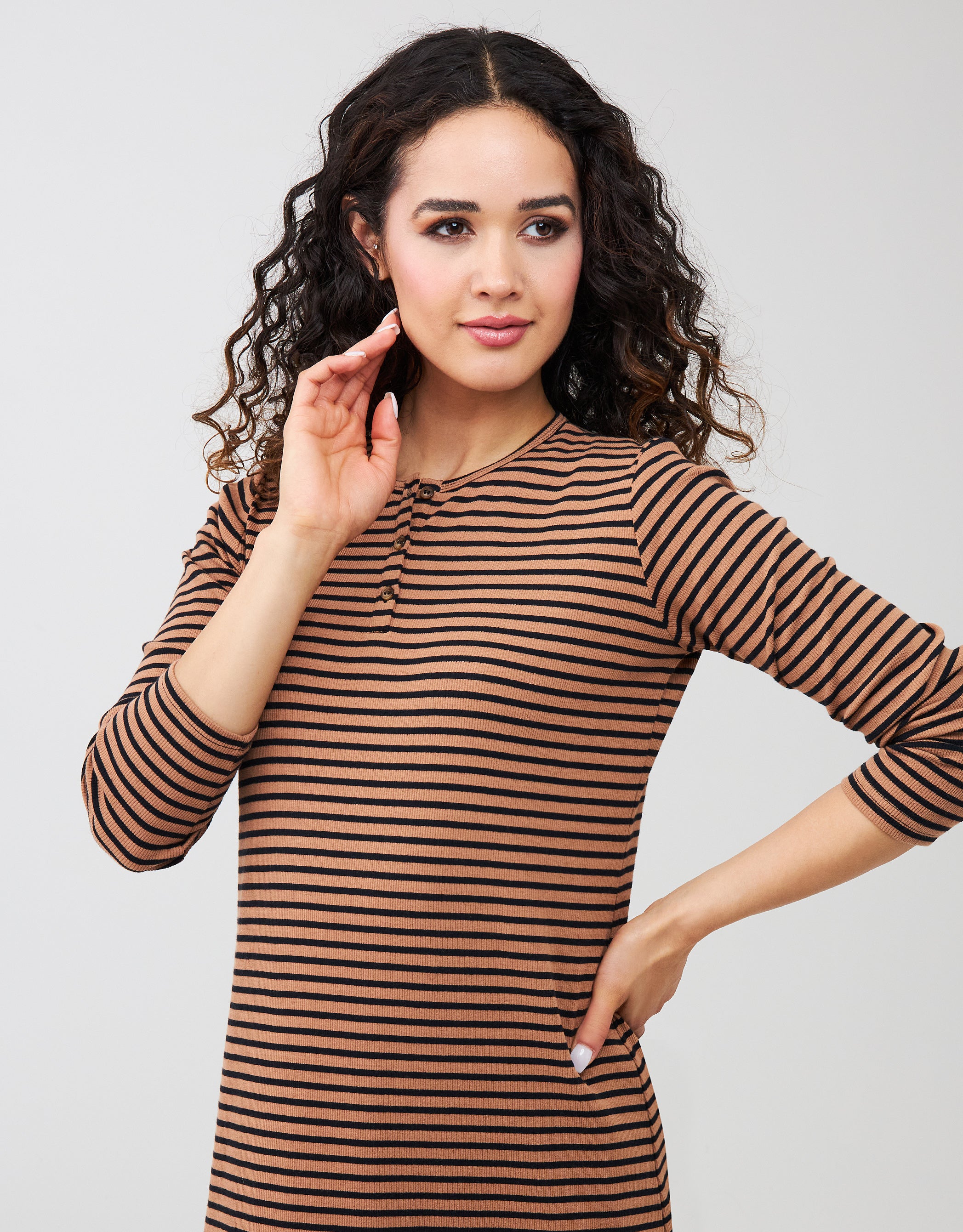 Ribbed Button Nightgown Tan Stripe