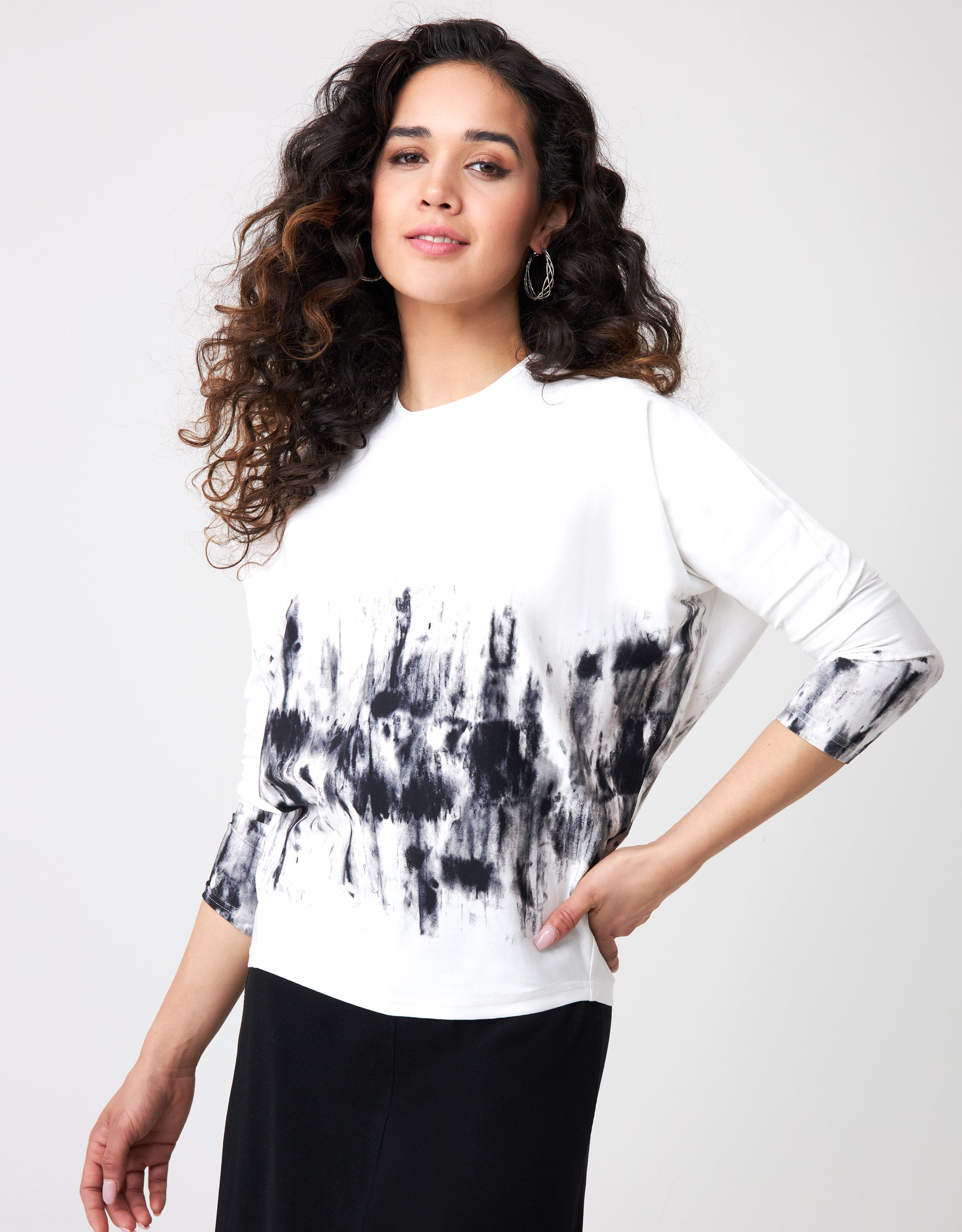 Splatter Tie Dyed Batwing Tee White with Black