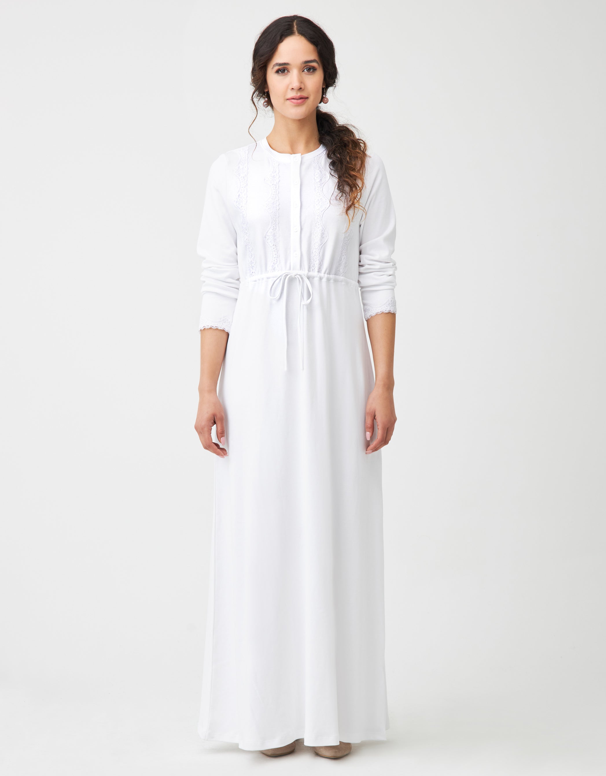 Lace Trimmed Button Nightgown with Drawstring White