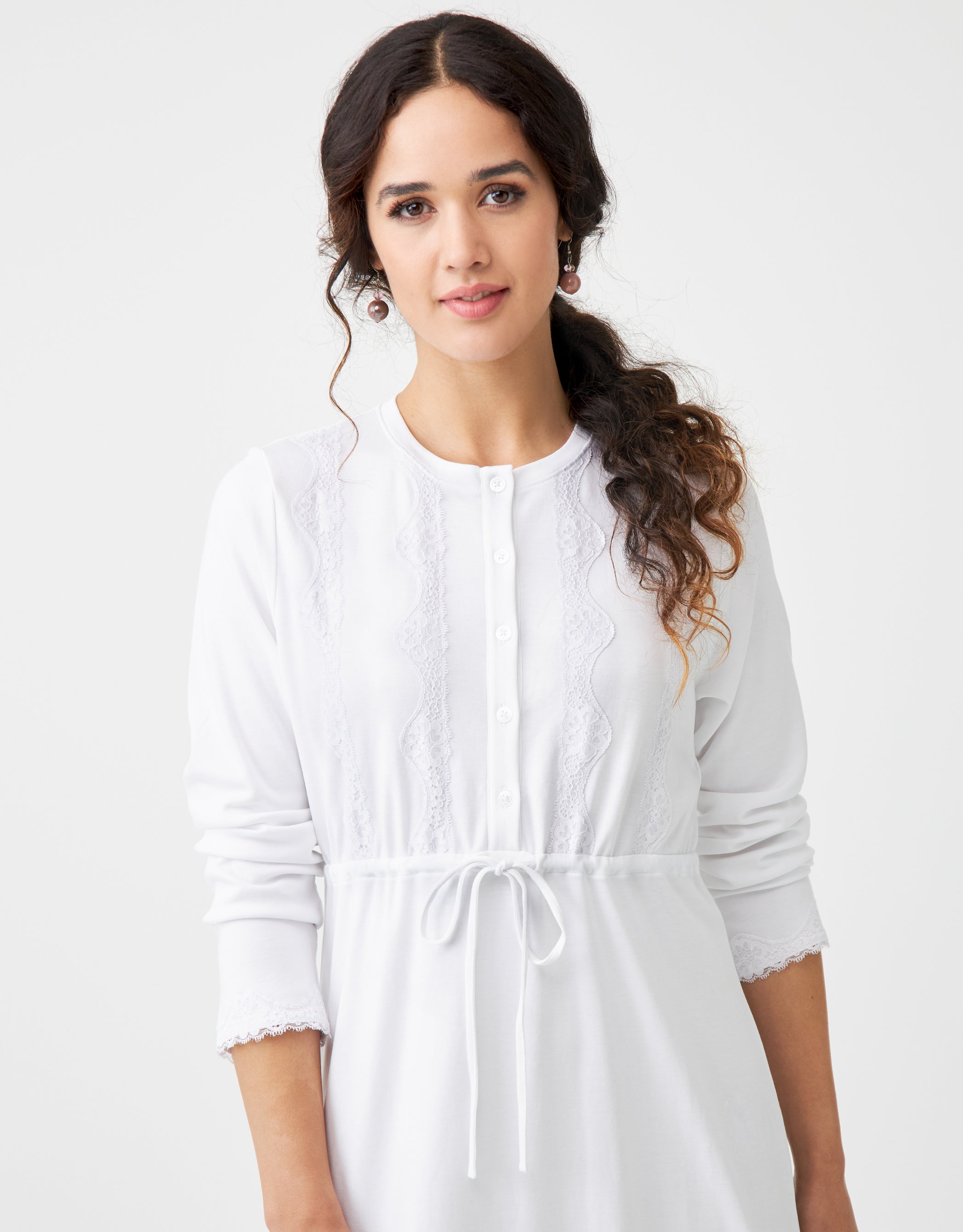 Lace Trimmed Button Nightgown with Drawstring White