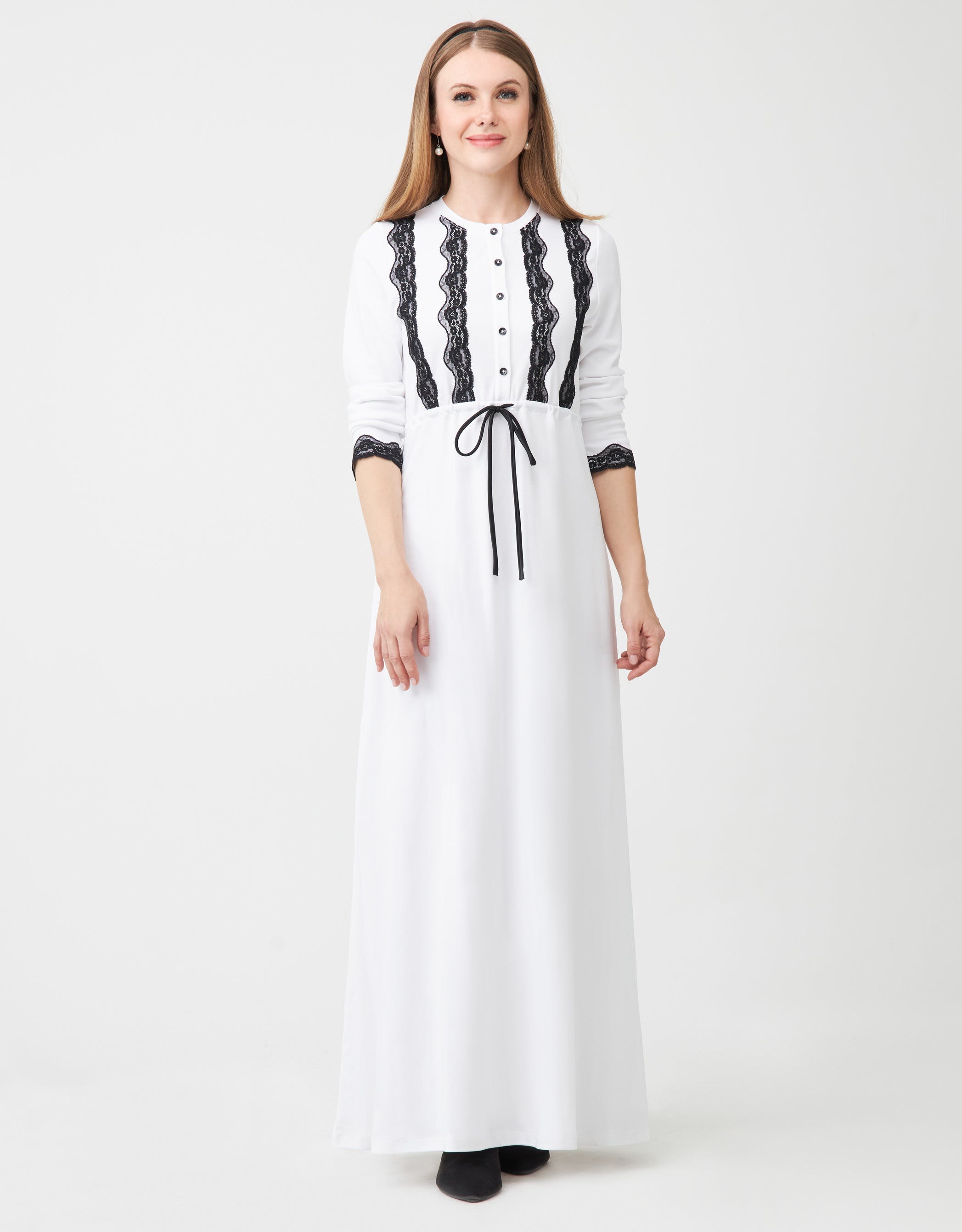 Lace Trimmed Button Nightgown with Drawstring White Black