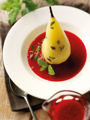 Thyme Mint Poached Pears with Raspberry Sauce