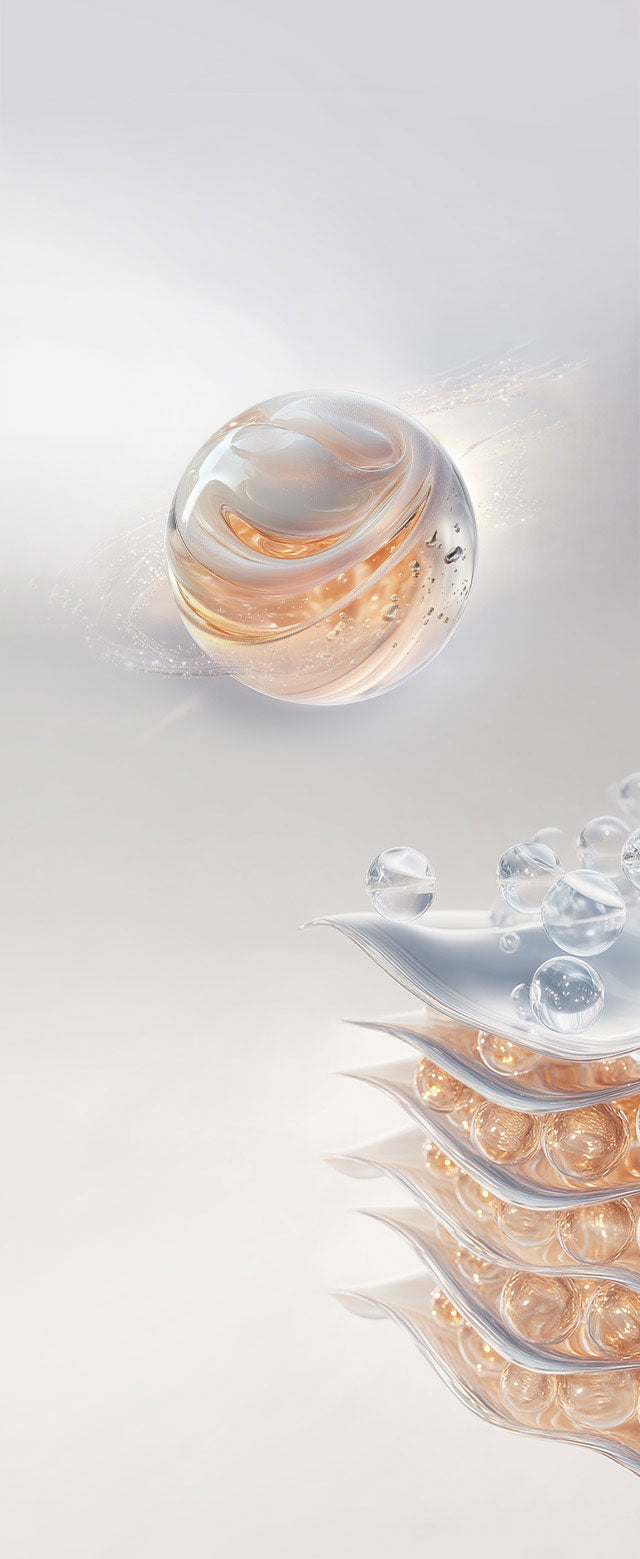 Conceptual image of key ingredients in The Ultimate S Enriched Cleansing Foam, featuring a luminous capsule and hydrating particles.