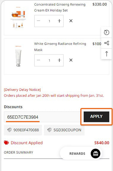 Paste code in your Shopping cart or Check out page and Click [Apply].