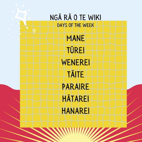 Ngā Rā o te Wiki - Days of the Week. Mane, Tūrei, Wenerei, Tāite, Paraire, Hatarei, Hanarei.