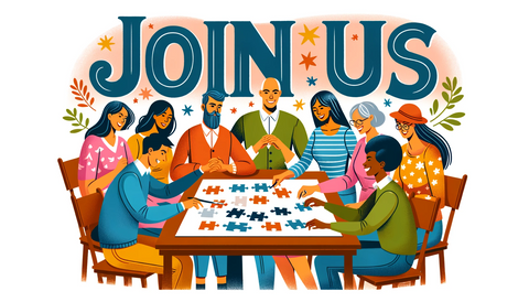 An illustration featuring a diverse group of joyful individuals around a table, engrossed in completing a jigsaw puzzle