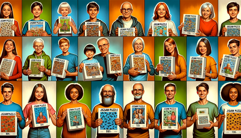 Illustration showcasing a collection of different families and individuals from a range of backgrounds. They each hold detailed Jigsaw Puzzle boxes, where the design, title, and piece count of the puzzles are clearly visible