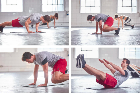 A collage of a person doing push ups on yoga mat