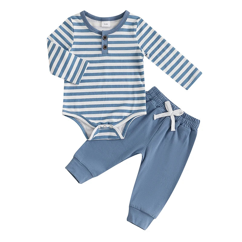 Cute Infant Unisex Autumn Clothes Adorable Striped Bodysuit and Pants Set with Elastic Waistband and Bow Detail